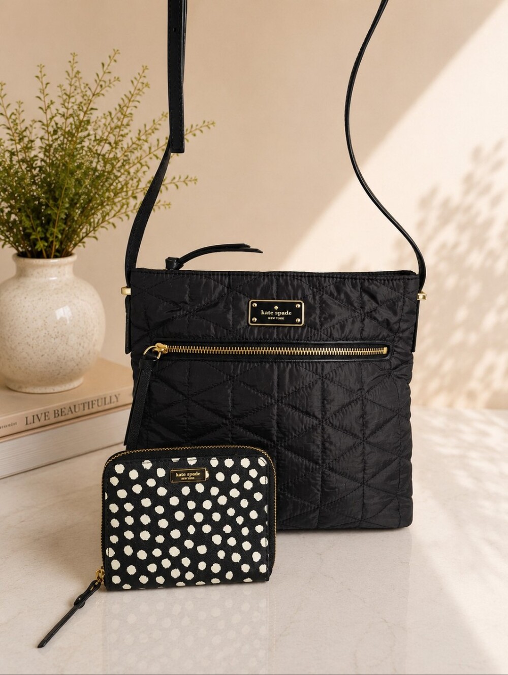 Kate Spade Blake Avenue Black Quilted Nylon Crossbody Bag & Polka Dot Zip Wallet